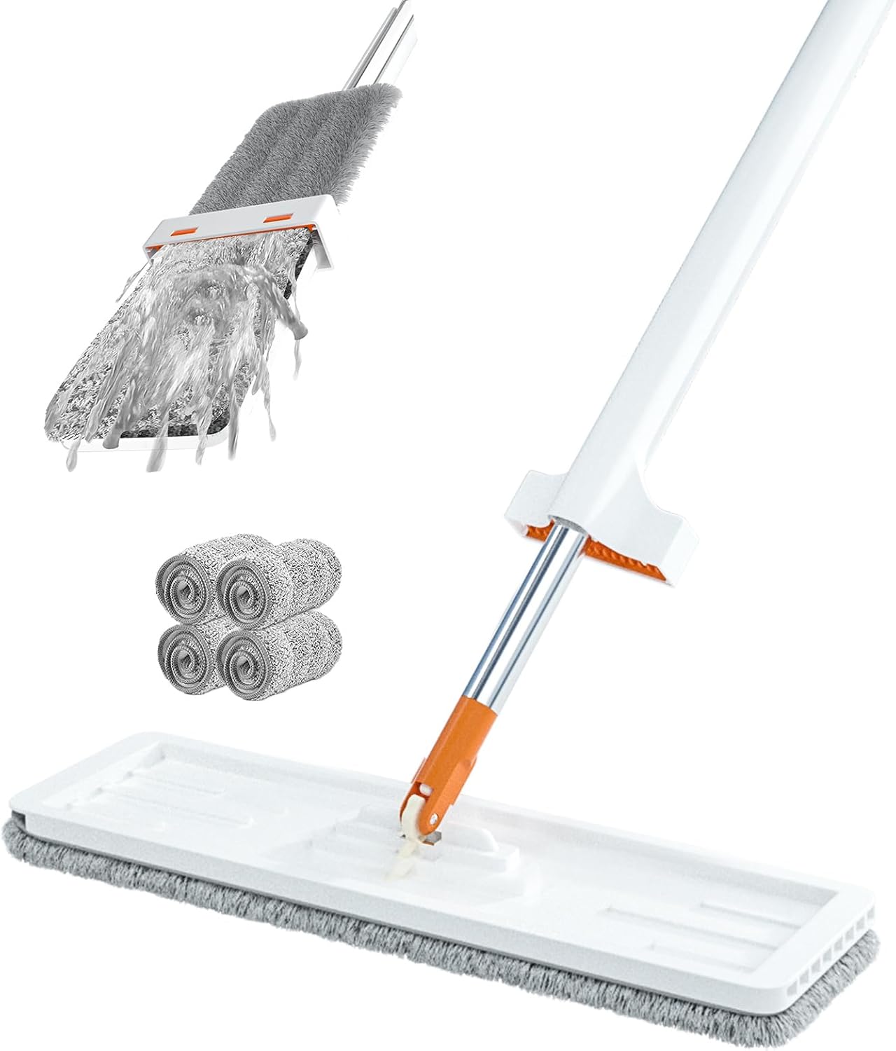 Trapeador plano grande giratorio 360 para limpieza de suelos con escurridor, mango largo de acero inoxidable con almohadillas de microfibra