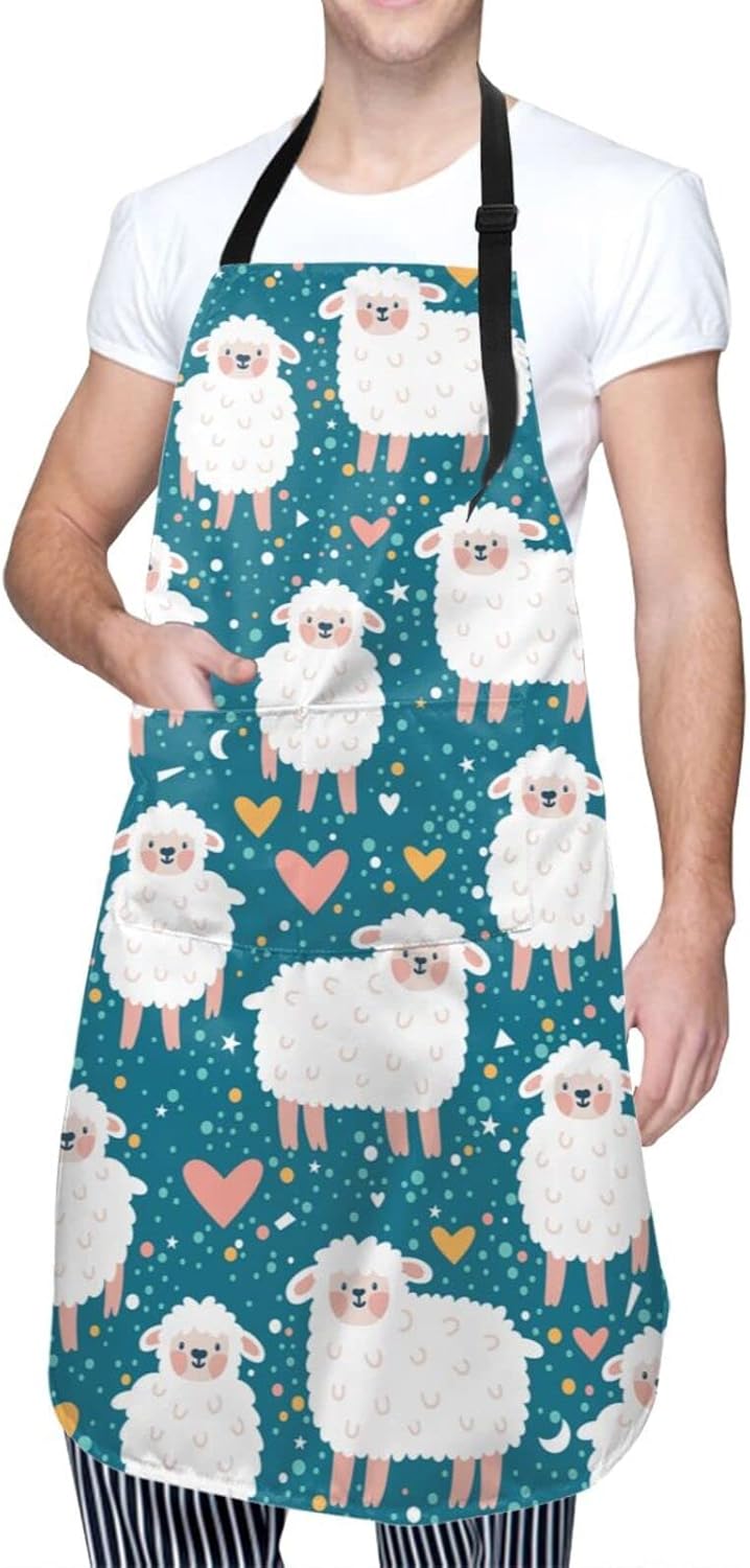 Duduho Delantal con 2 bolsillos, diseño de oveja, corazón y estrellas, delantal para cocinar, babero, para mujeres, hombres, unisex, ajustable,