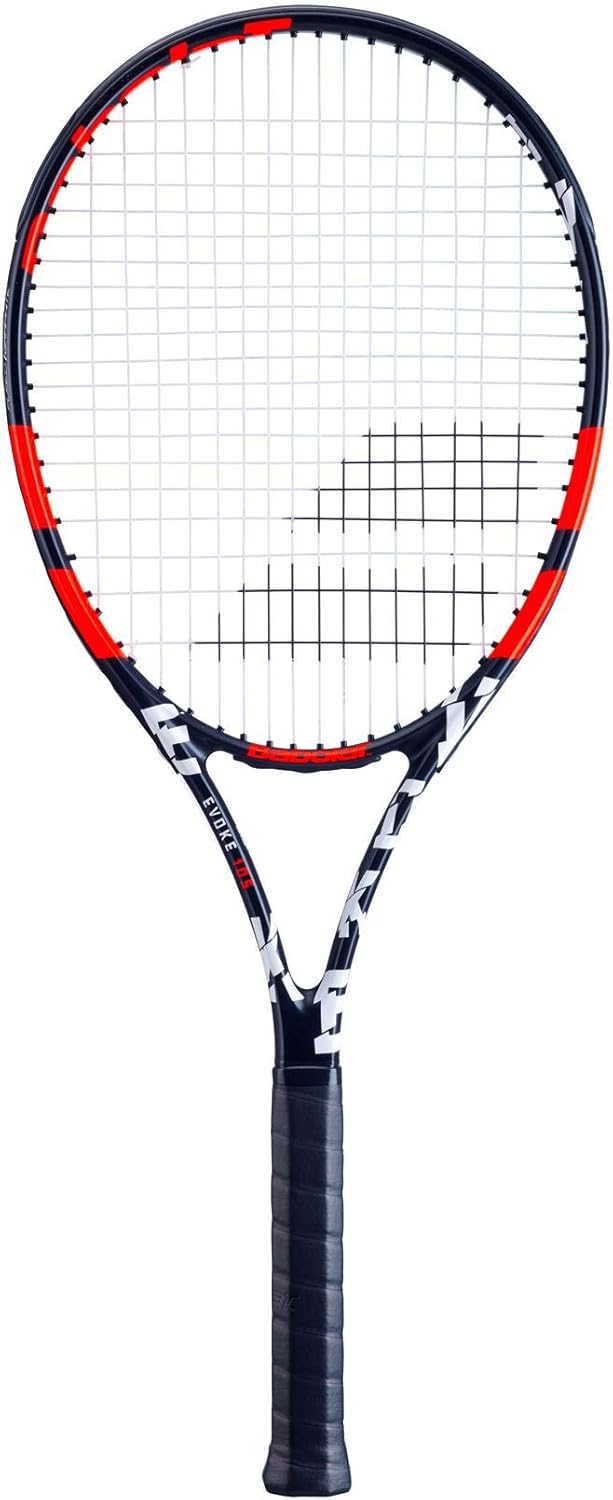 Babolat Evoke 105 – Raqueta de tenis de cuerda, negronaranja (agarre de 4 12 pulgadas)