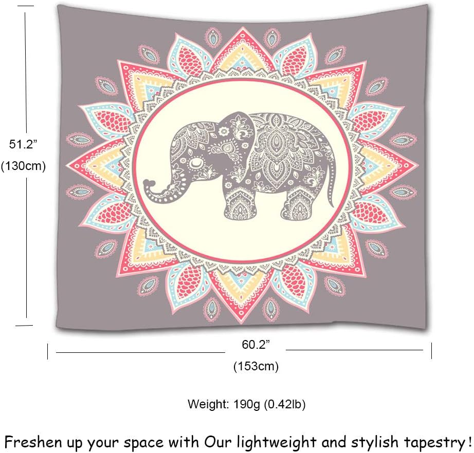 IcosaMro Tapiz de elefante para colgar en la pared, arte de pared hippie psicodélico bohemio azul con bordes dobladillos, decoración del hogar para