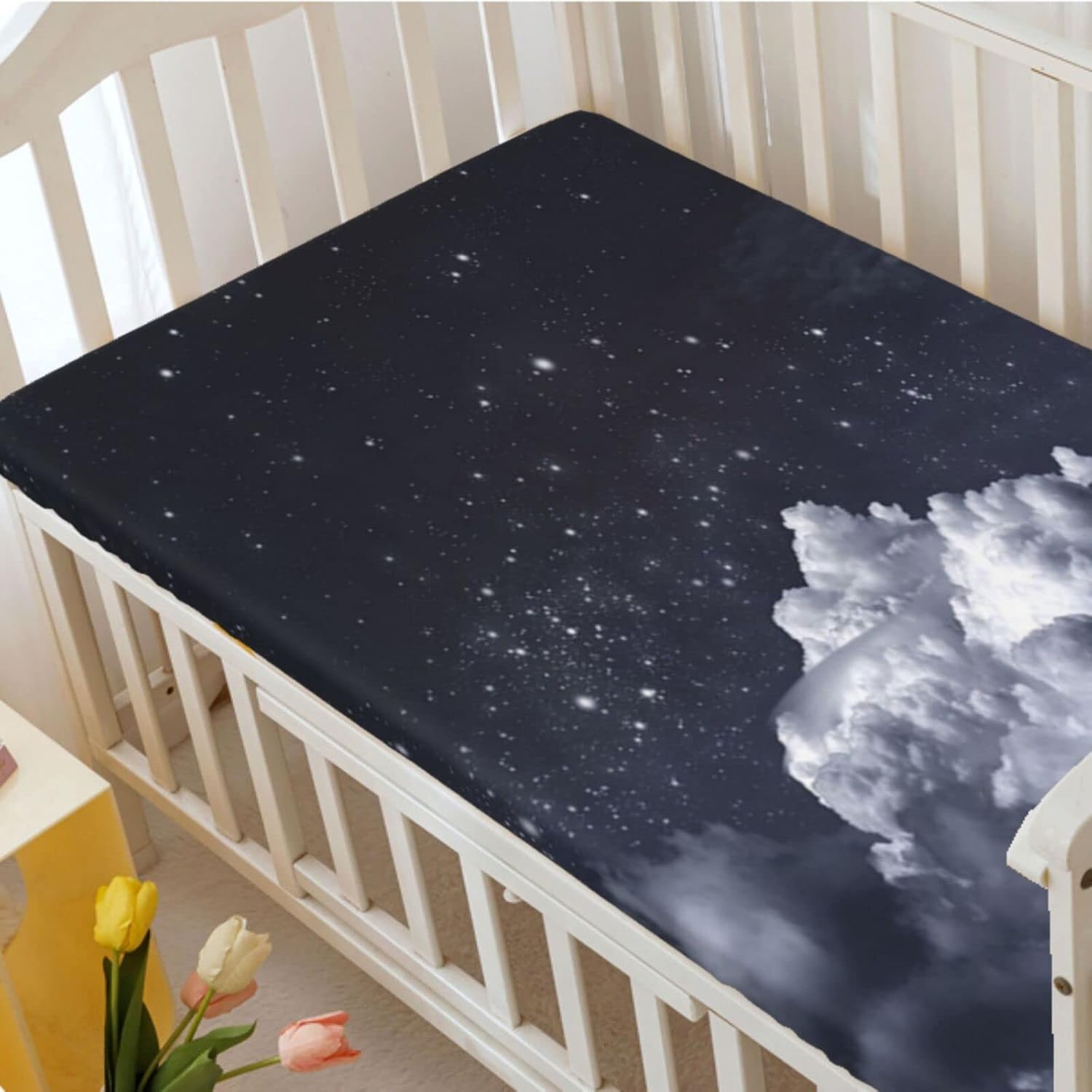 Sábana bajera ajustable para cuna con temática de cielo nocturno, sábana bajera estándar para cuna, material ultrasuave, sábana de colchón para cuna