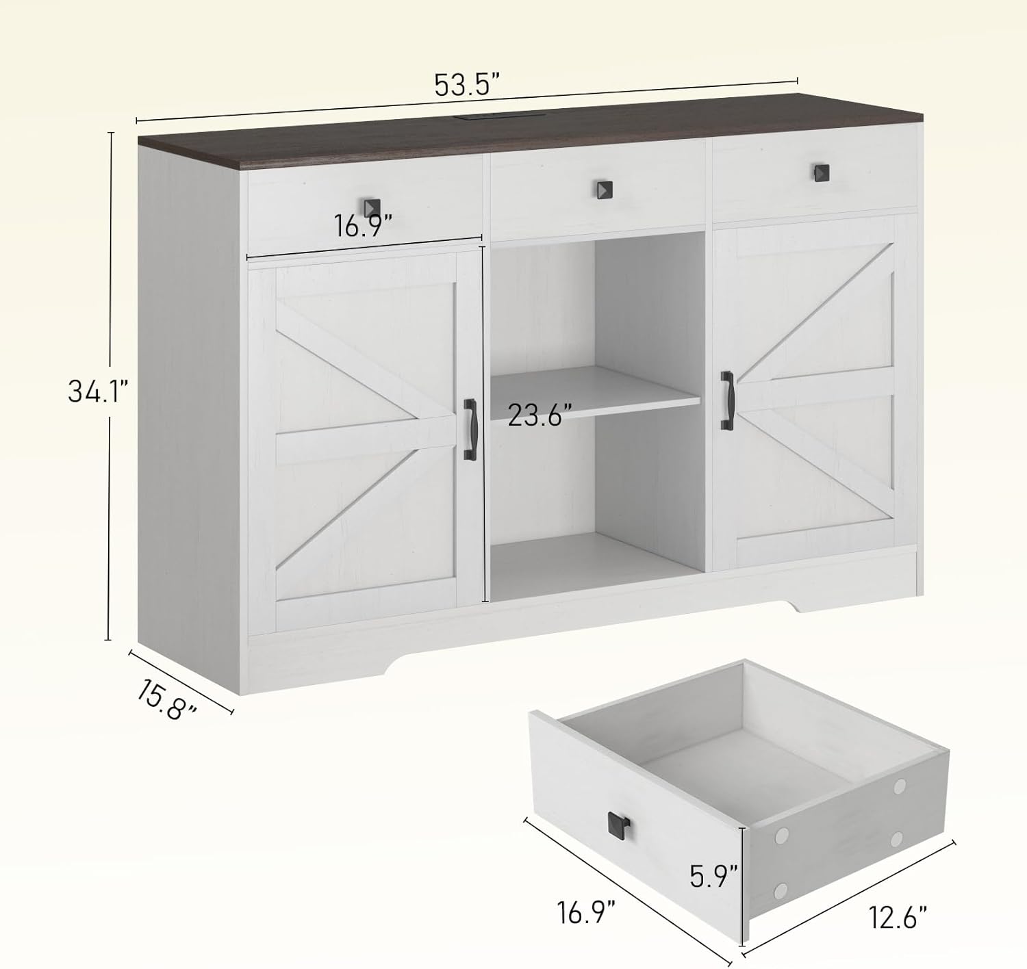 Gabinete de café blanco, gabinete de almacenamiento de bufé de cocina de 54 pulgadas con puertas y cajones, aparador de granja, mesa de bufé,