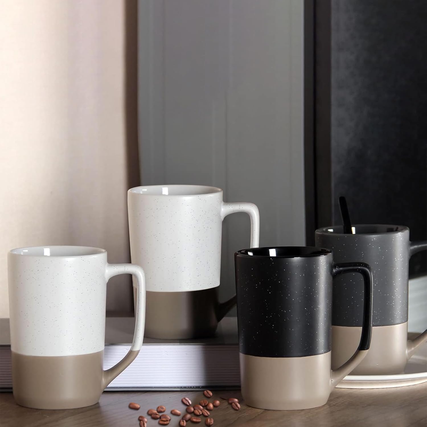 NBABSR Tazas de café de 16 onzas, dos coloridas tazas grandes de cerámica con asas únicas moteadas negras, perfectas para los amantes de las tazas o