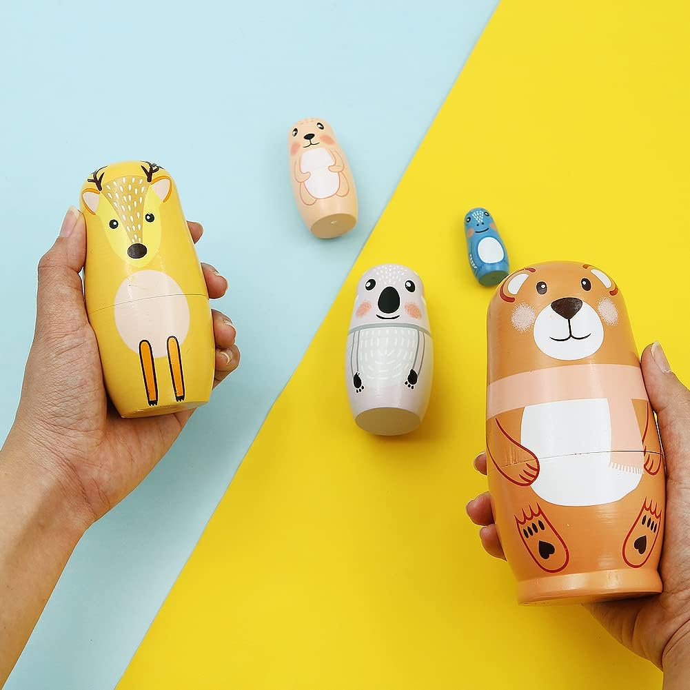 Winterworm Juego de 5 muñecas de anidación de animales Matryoshka Oso, jirafa, koala, conejo, rana, muñecas de anidación rusas, juguetes apilables,