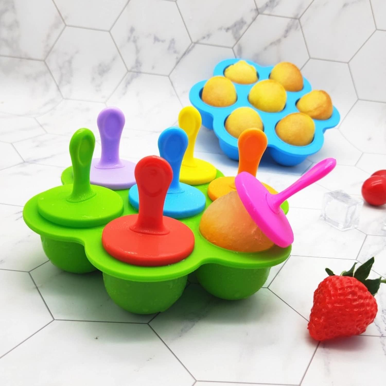 Moldes de silicona para paletas, mini molde para paletas de hielo de 7 cavidades con palos coloridos y protectores de goteo, contenedor de
