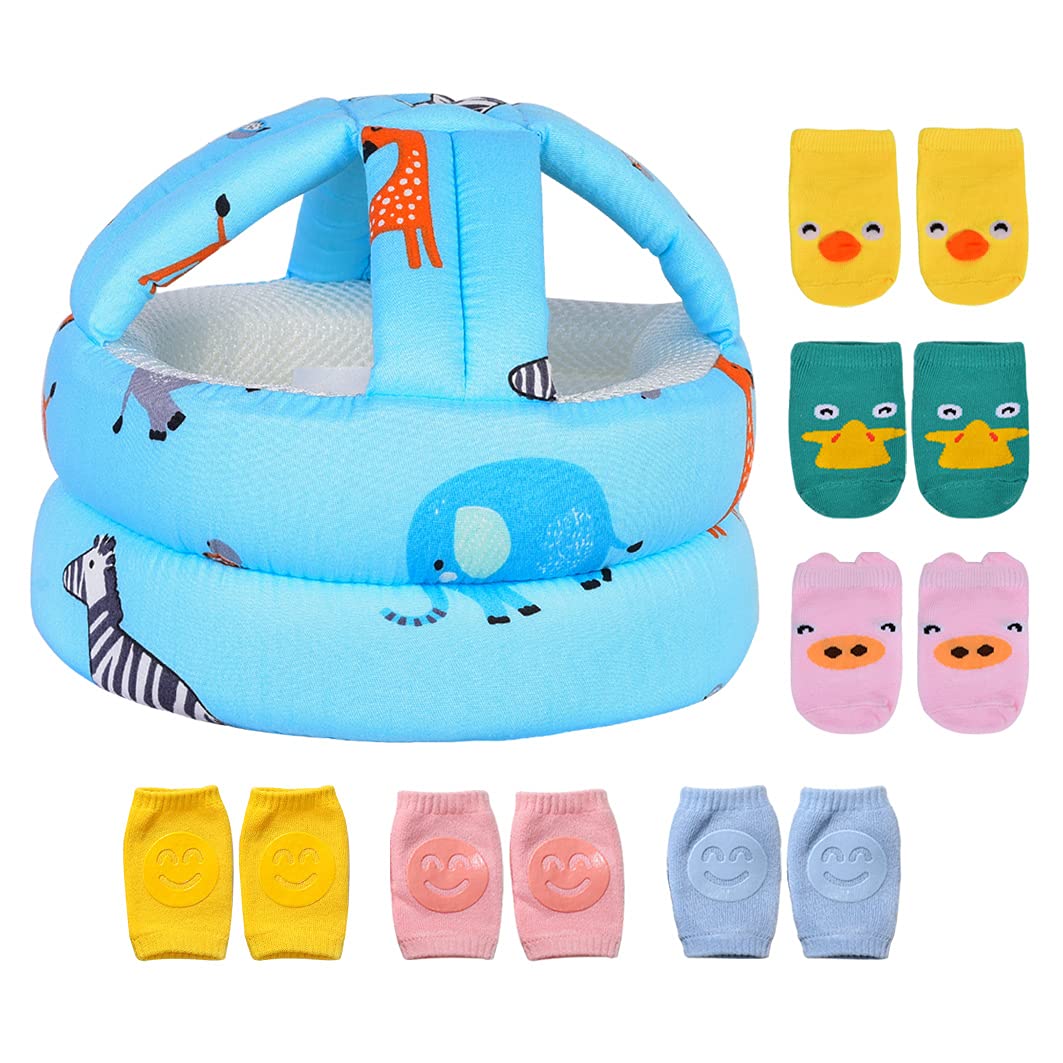 Casco ajustable para bebé, ligero y suave, con 3 pares de rodilleras para gatear y 3 pares de calcetines de bebé, ideal para el bebé que aprende a