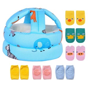 Casco ajustable para bebé, ligero y suave, con 3 pares de rodilleras para gatear y 3 pares de calcetines de bebé, ideal para el bebé que aprende a Casco ajustable para bebé, ligero y suave, con 3 pares de rodilleras para gatear y 3 pares de calcetines de bebé, ideal para el bebé que aprende a