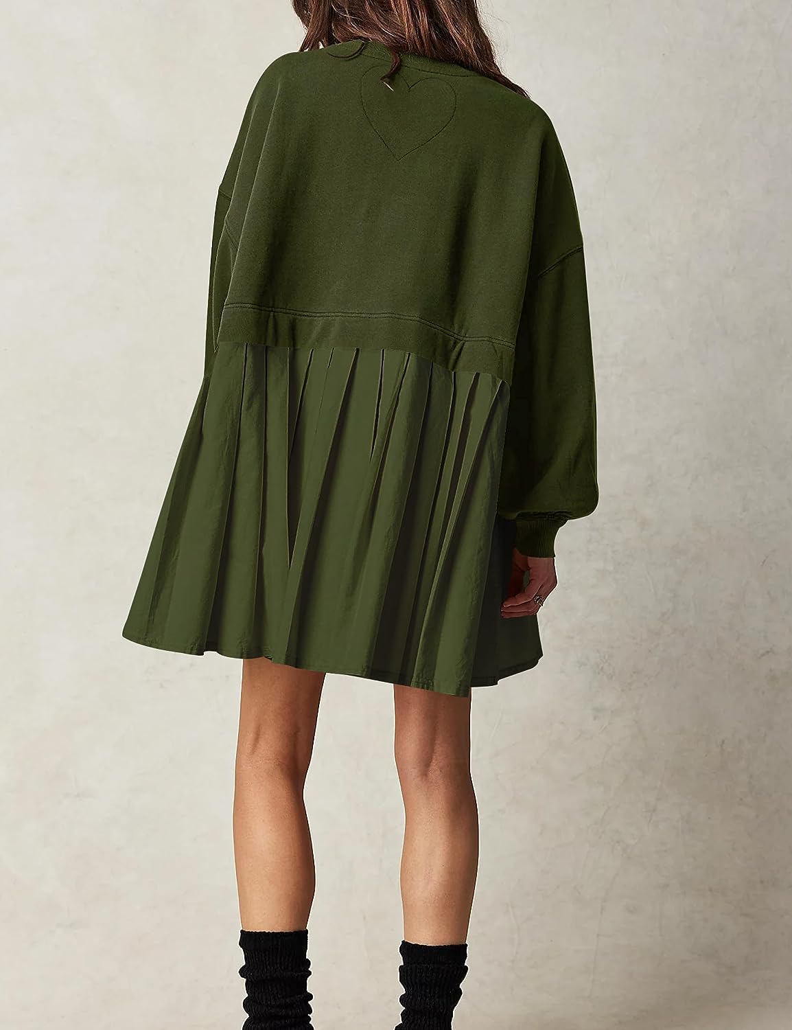 Jielayou Vestido de sudadera de gran tamaño para mujer, manga larga, retazos, cuello redondo, sin botones, para otoño, plisado, mini vestido