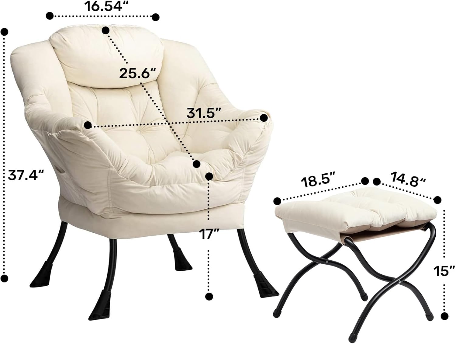 AcozyHom Moderno juego de silla perezosa de tela y reposapiés plegable, sillón contemporáneo y otomano portátil, sofá de ocio con marco de acero y