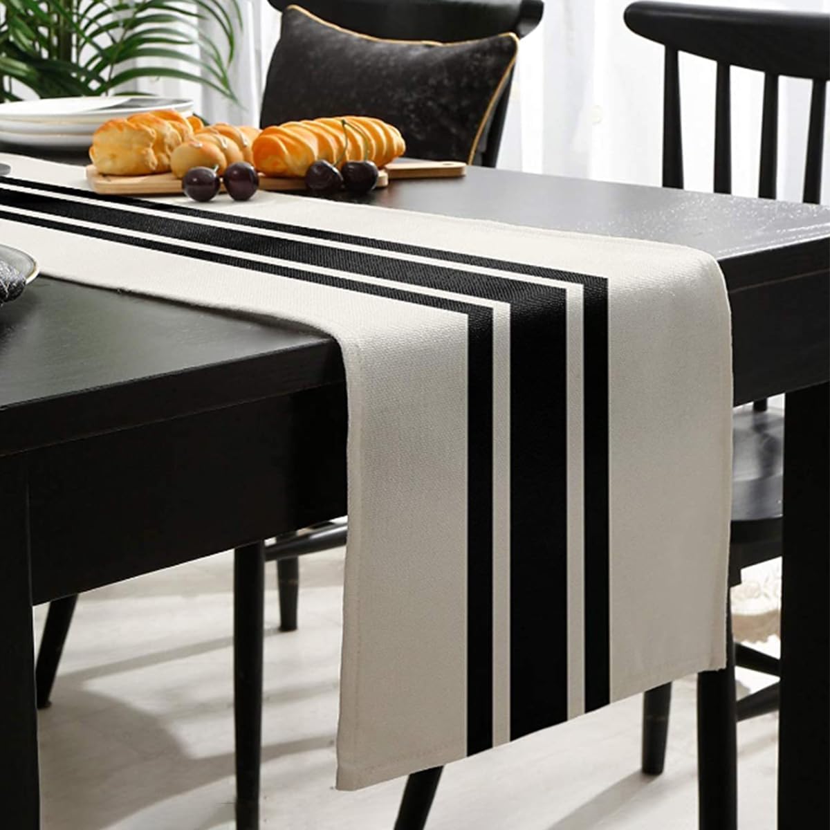 Camino de mesa, moderno camino de mesa de granja, camino de mesa a rayas negras y beige para mesa de comedor rústica bohemia (rayas negras12 x 72