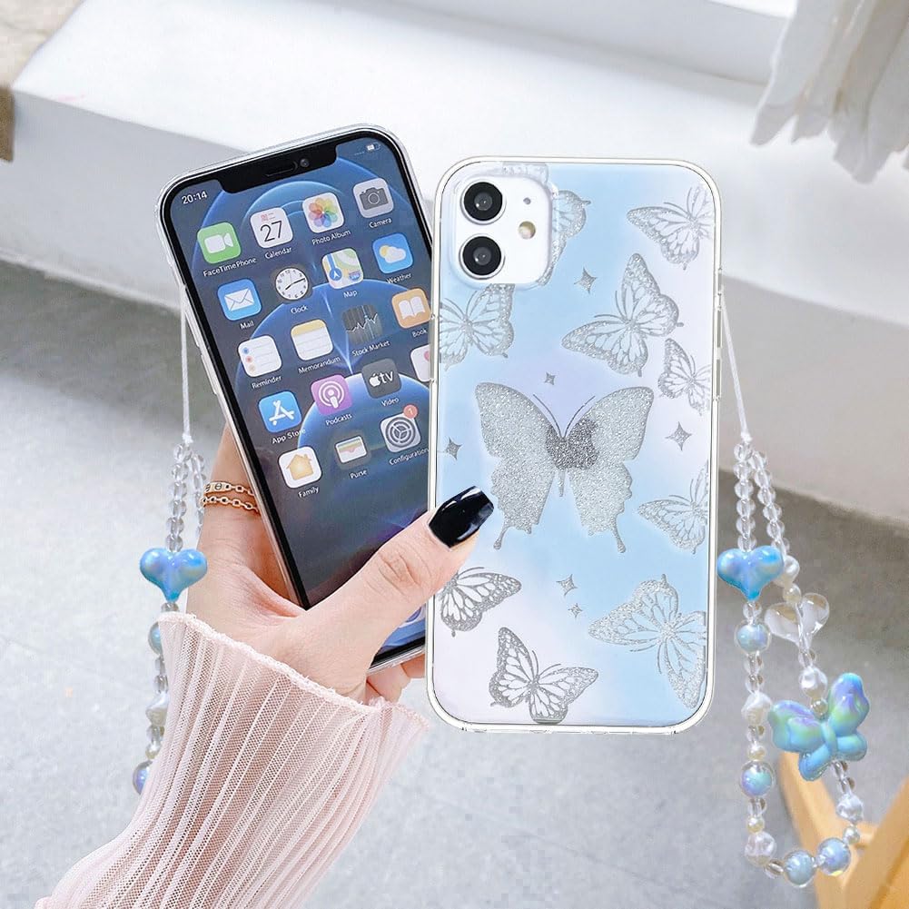 Abbery Funda diseñada para iPhone 11, con brillantina, bonita transparente, con diseño de mariposa con correa para la muñeca, brillante, morado y