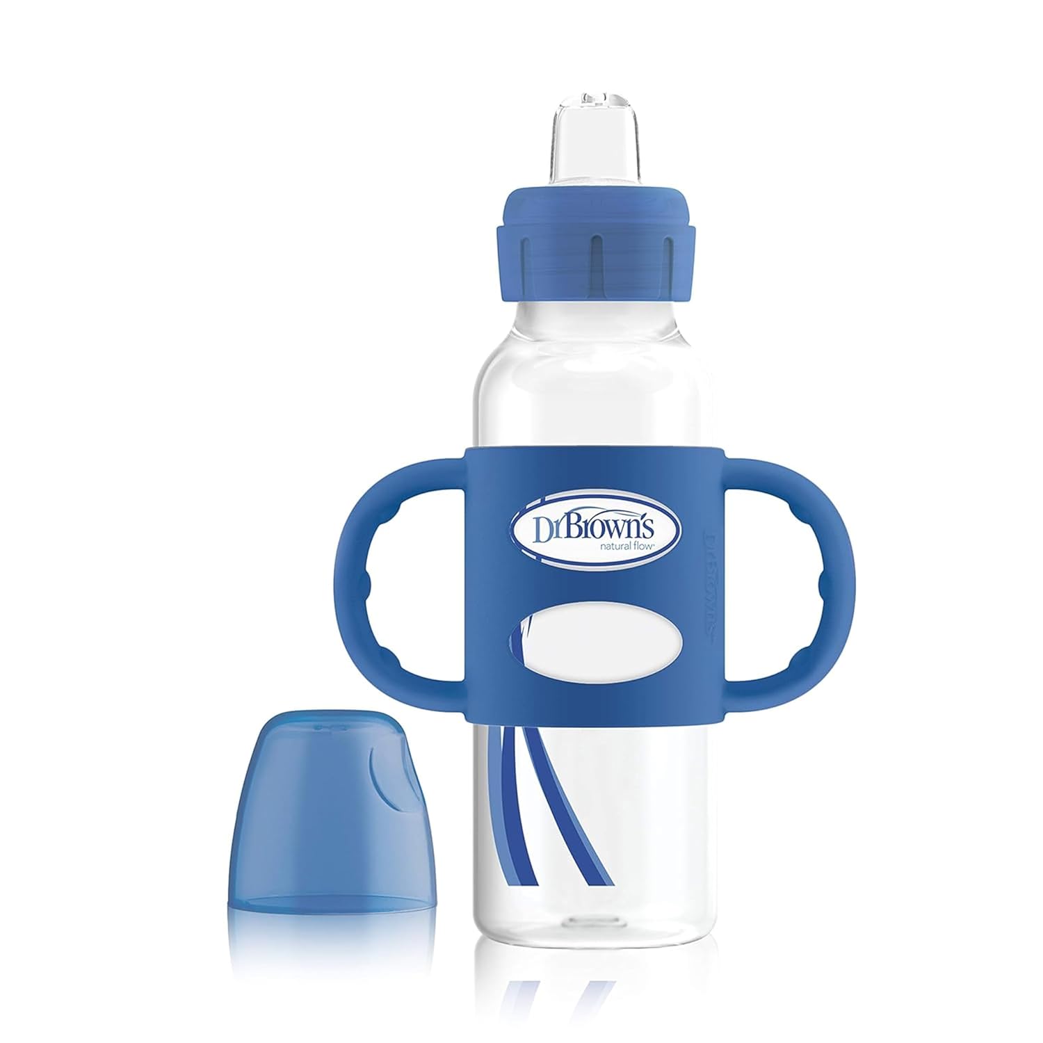 Dr. Brown’s Milestones – Botella para sorber estrecha con asas 100% de silicona, botella de fácil agarre con boquilla suave para sorber, 8 onzas,