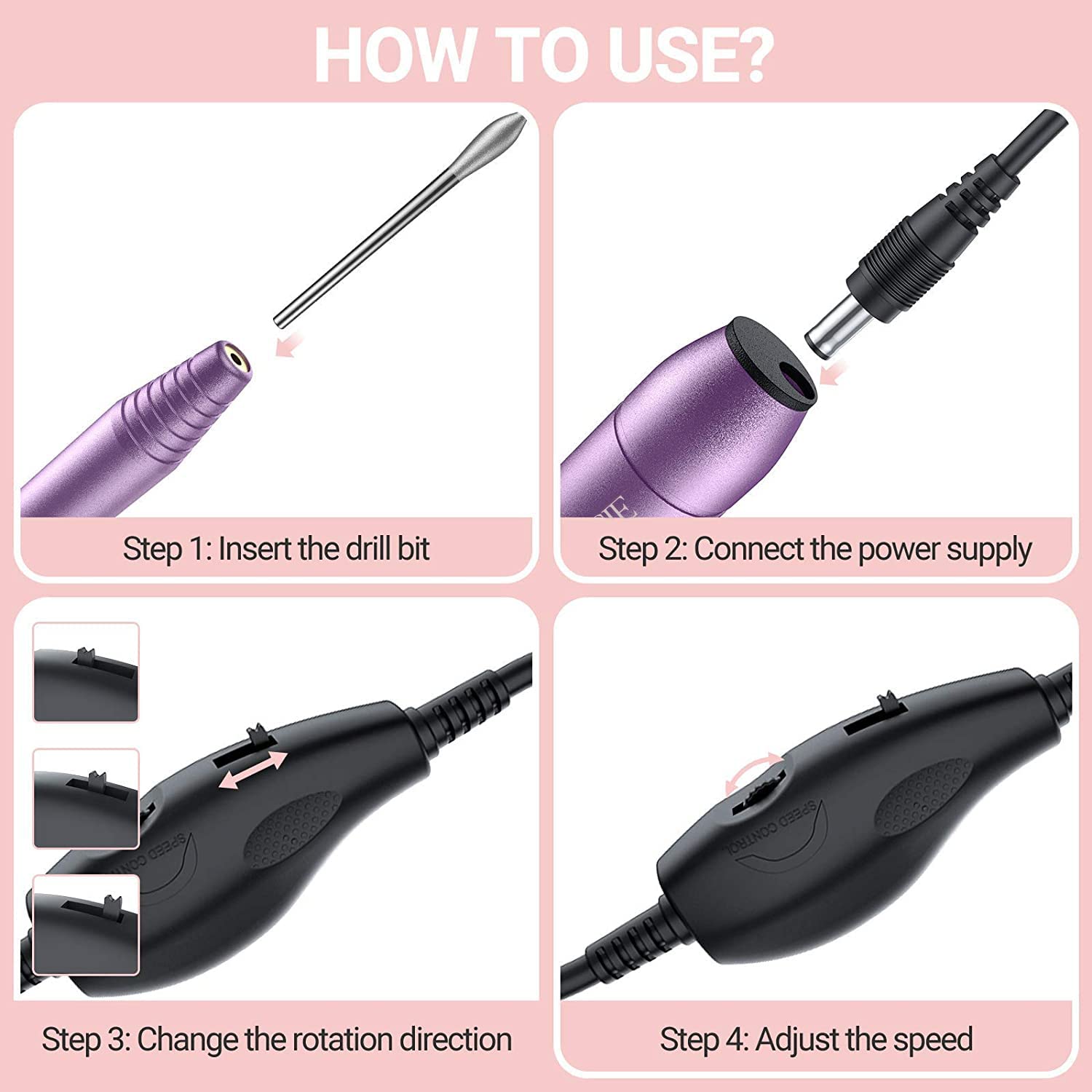 MelodySusie Taladro de uñas eléctrico portátil, compacto Efile Kit de lima de uñas profesional para acrílico con toallitas de uñas sin pelusa, 500