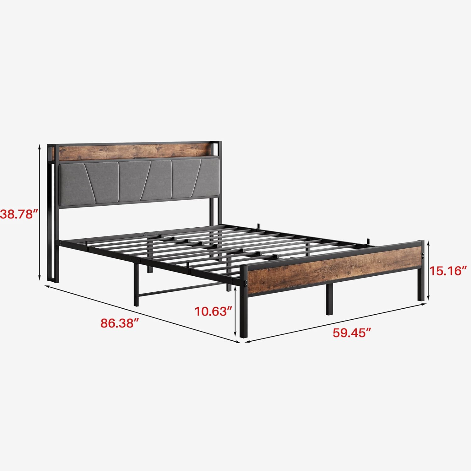 Base de cama Queen con cabecera de almacenamientoestación de carga, base de cama tapizada de metal resistente, marco de cama tamaño Queen con