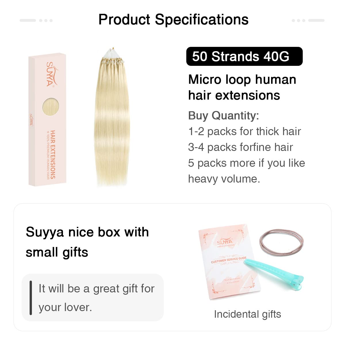 SUYYA Micro Links – Extensiones de cabello humano de color rubio platino, micro bucle, extensiones de cabello humano lacio, 50 hebras, 1.41