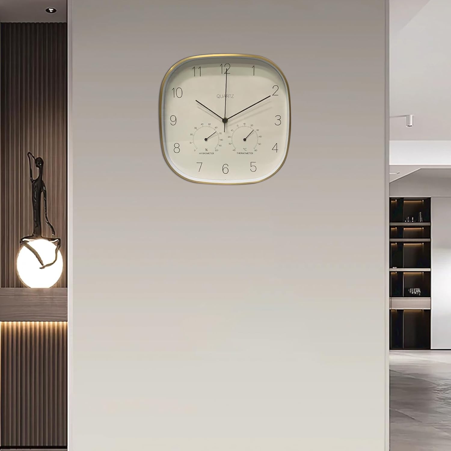 ANDSTAR Reloj de pared silencioso de 12 pulgadas con temperatura y humedad, funciona con pilas, relojes de pared decorativos para sala de estar,