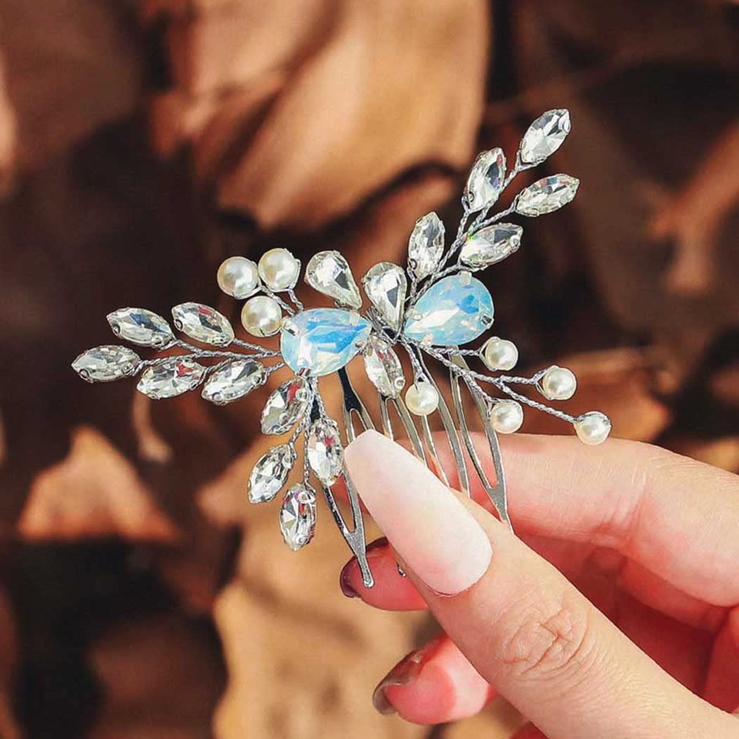 Casdre Peine de cristal para el cabello de novia, ópalo plateado, diamantes de imitación, peine lateral de boda, pieza de pelo con perlas,