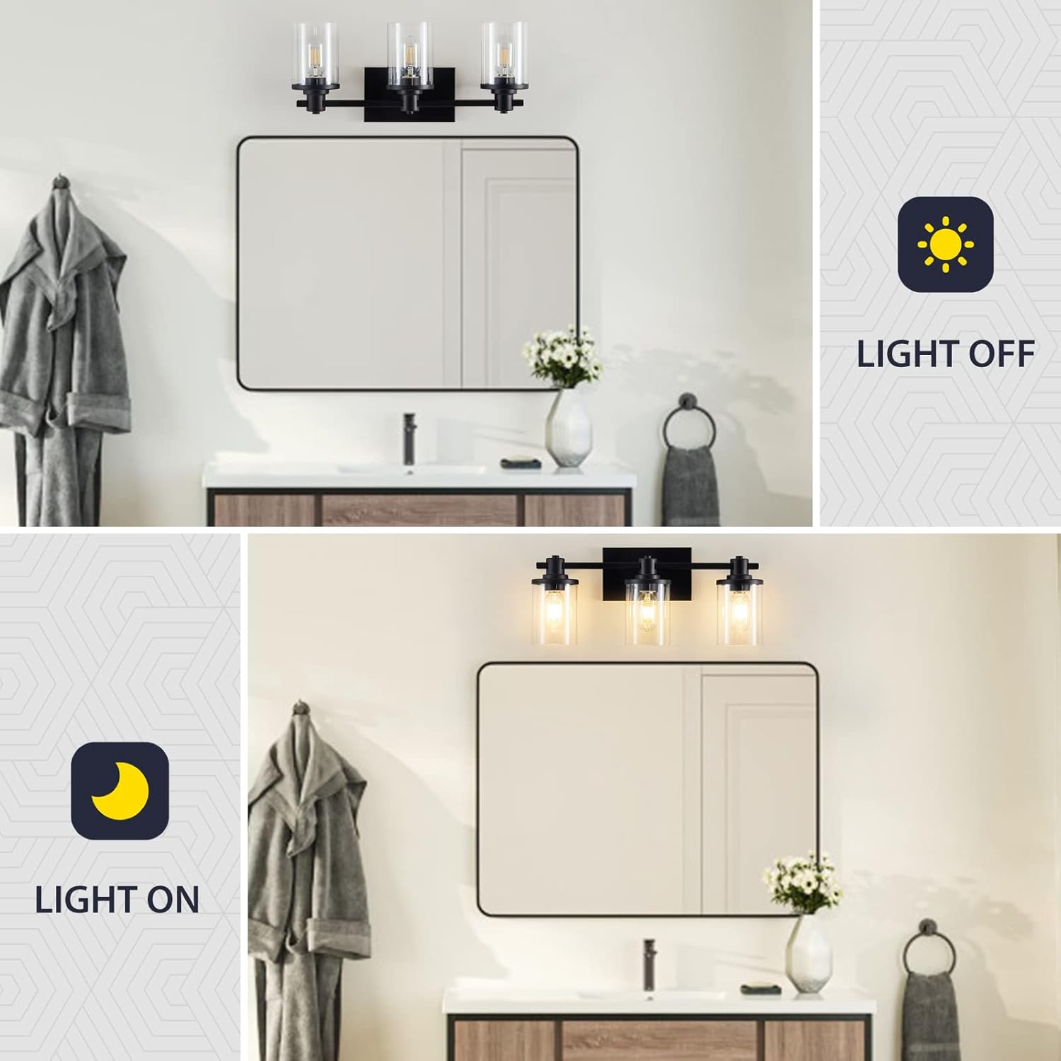 Lámpara de tocador de baño de 3 luces, moderna lámpara de tocador de baño negro mate con pantalla de vidrio transparente, apliques de pared vintage,