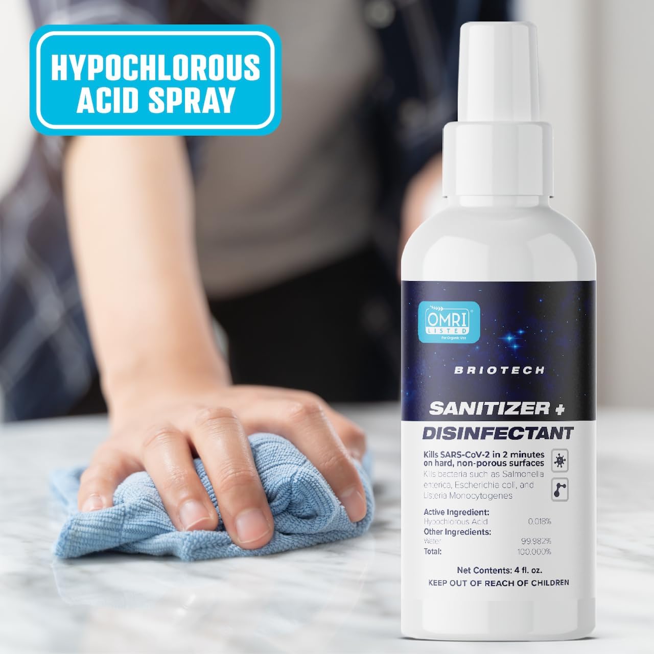 BRIOTECH Desinfectante + desinfectante en aerosol hipocloroso, mata el 99.99% de los virus y bacterias, elimina el olor, lo suficientemente suave