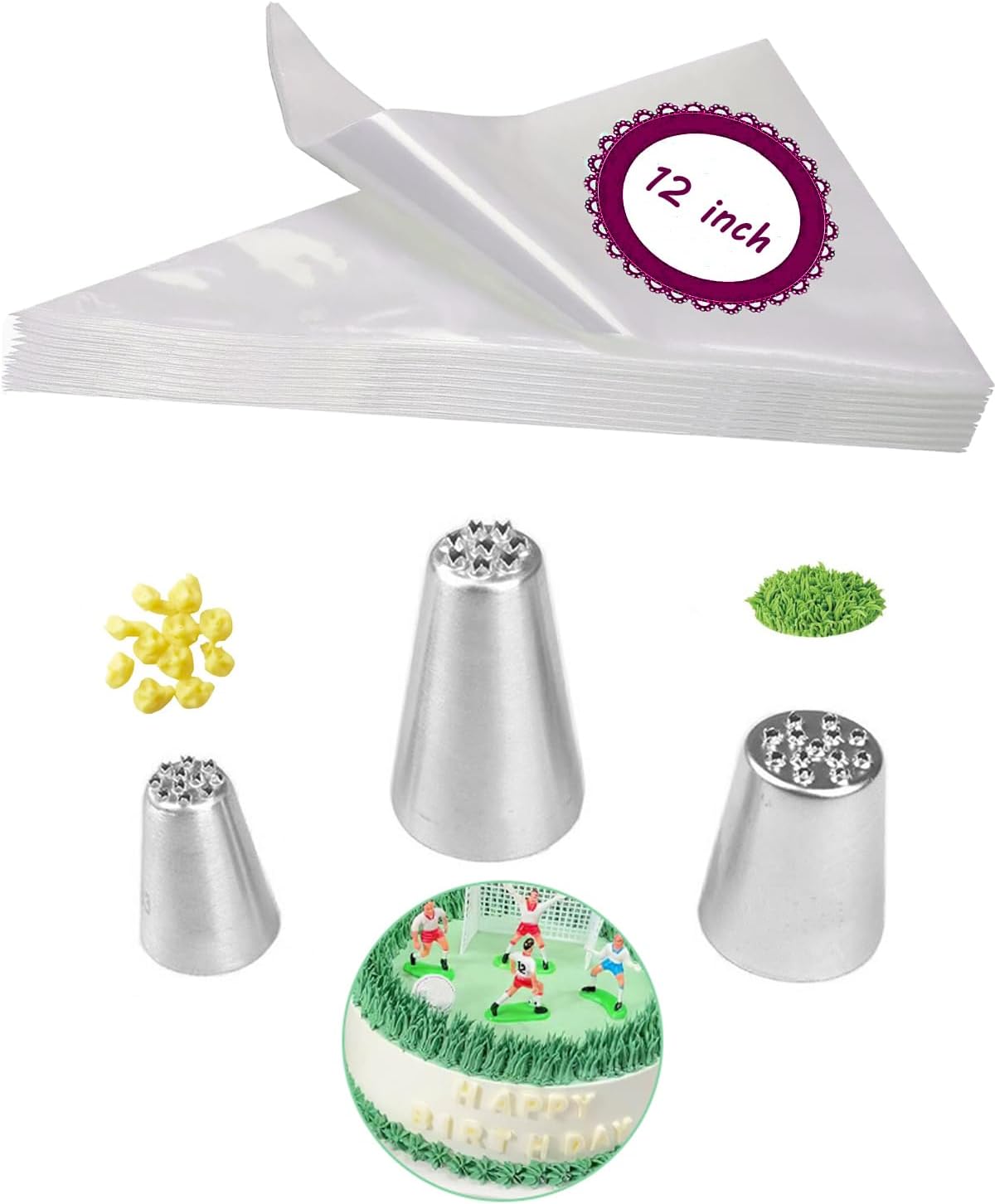 Puntas de glaseado de césped con bolsas desechables de 12 pulgadas, juego de decoración de pasteles para hierba, cabello, piel y más