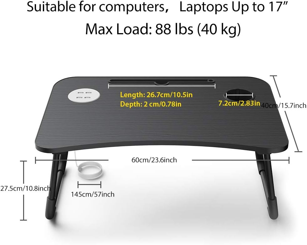 Elekin Escritorio plegable para laptop, escritorio portátil para laptop, mesa de trabajo, mesa de trabajo, bandeja de cama con 4 puertos USBsoporte