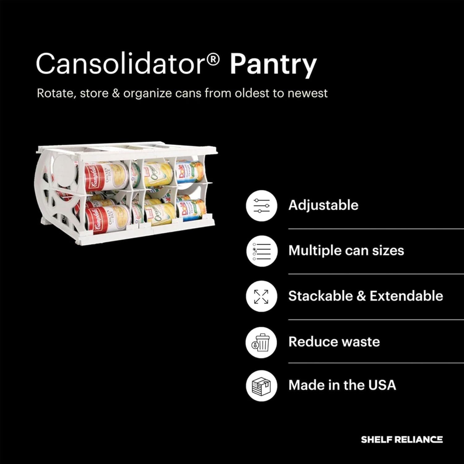 Shelf Reliance Alimento compacto de despensa Cansolidator con sistema de rotación, ensamblaje entrelazado y paneles ajustables con capacidad para