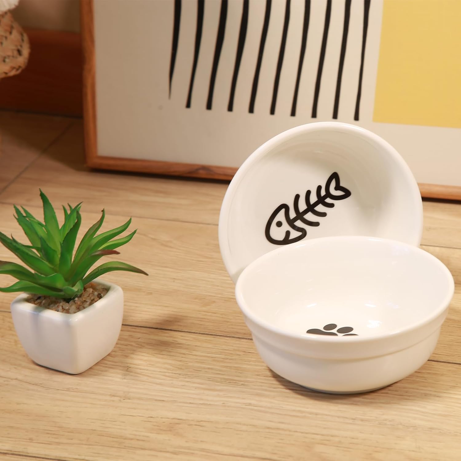 COMESOON Cuenco de cerámica para gatos de 5 pulgadas con patrón de hueso de pescado, cuenco de comida para gatos para alimentos y agua, platos