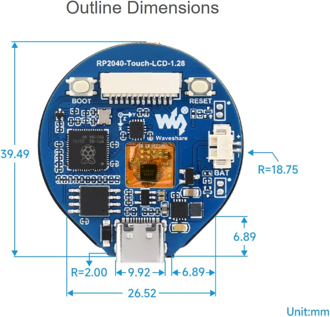 waveshare LCD táctil redondo de 1.28 pulgadas basado en chip microcontrolador Raspberry Pi RP2040, 240 x 240 píxeles 65K colores RGB pantalla IPS a