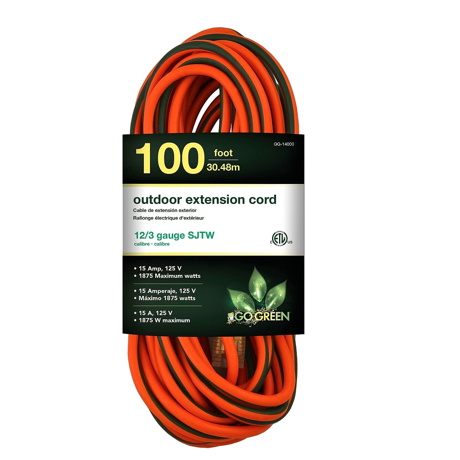 GoGreen Power (GG-14000) 123 100 pies – Cable de extensión SJTW para exteriores, extremo iluminado, naranja, 100 pies