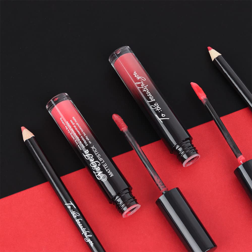 Juego de 2 colores de lápiz labial líquido mate y delineador de labios, tinte de labios de larga duración, 24 horas, impermeable, terciopelo,