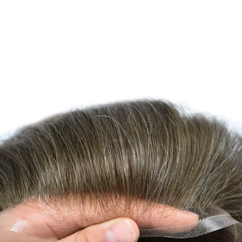 Pieza de pelo tipo tupé para hombres, encaje suizo suave, cabello humano real, tupé para hombres, unidades de cabello con nudo blanqueado, sistema