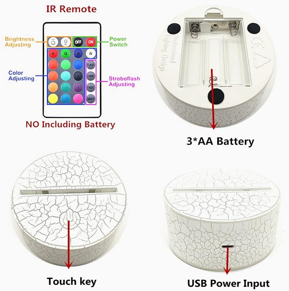 Luces nocturnas de ilusión óptica 3D, lámpara de escritorio LED creativa, control remoto y control táctil, 7 o 16 colores cambian con alimentación