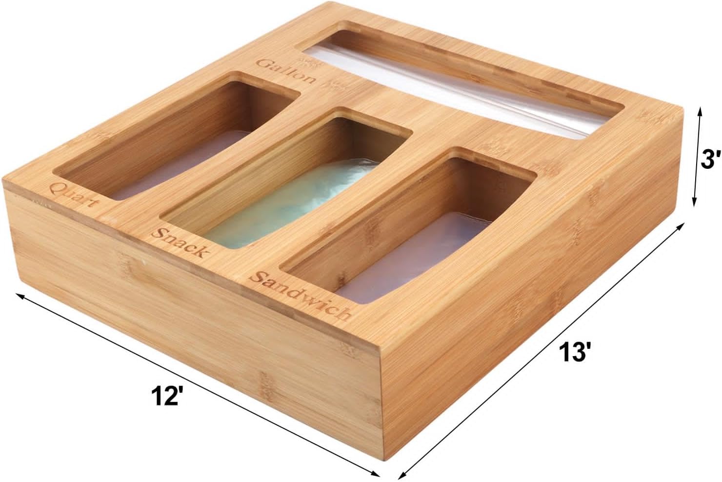 Organizador de bolsas Ziplock de bambú sólido de alta calidad, dispensador de bolsas de almacenamiento de alimentos para cajón de cocina,