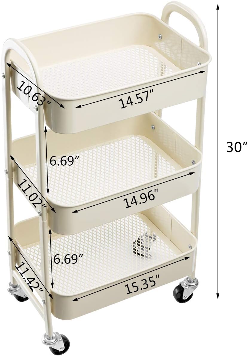 AGTEK Carrito de maquillaje, Carrito organizador móvil rodante,Carrito utilitario de metal de 3 niveles, Beige