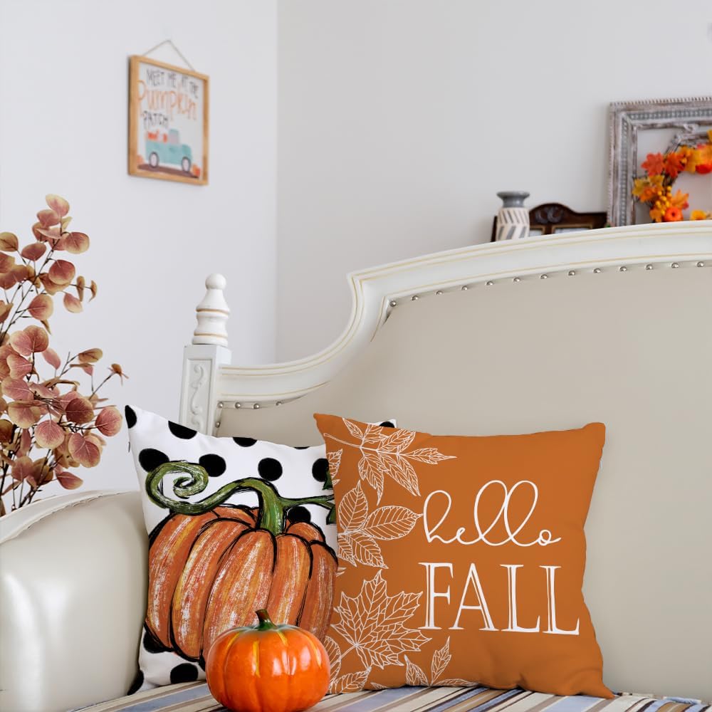 GEEORY Juego de 4 fundas de almohada de otoño de 18 x 18 pulgadas, diseño de hojas de arce con diseño de calabaza y texto en inglés “Hello Pumpkin”,