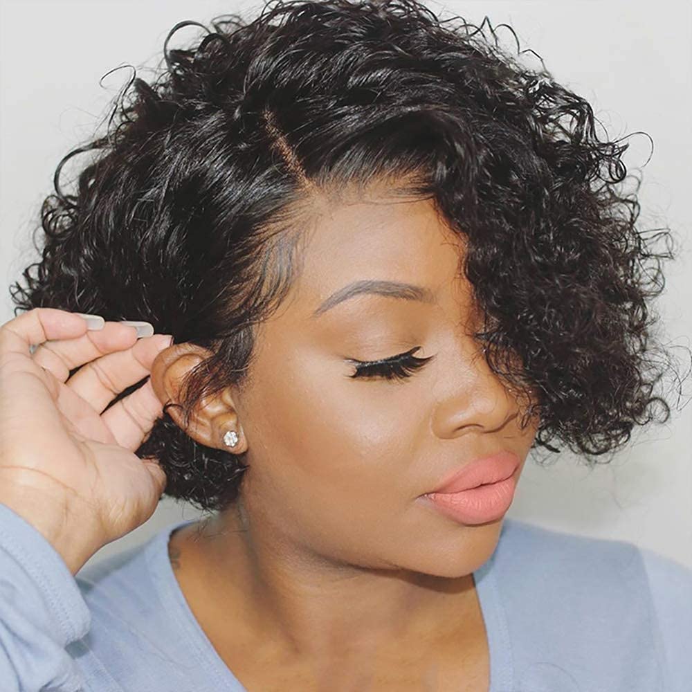 quickwig Pelucas de cabello humano, peluca corta rizada estilo Bob con encaje sin pegamento, pelucas de onda natural afroamericana para mujeres