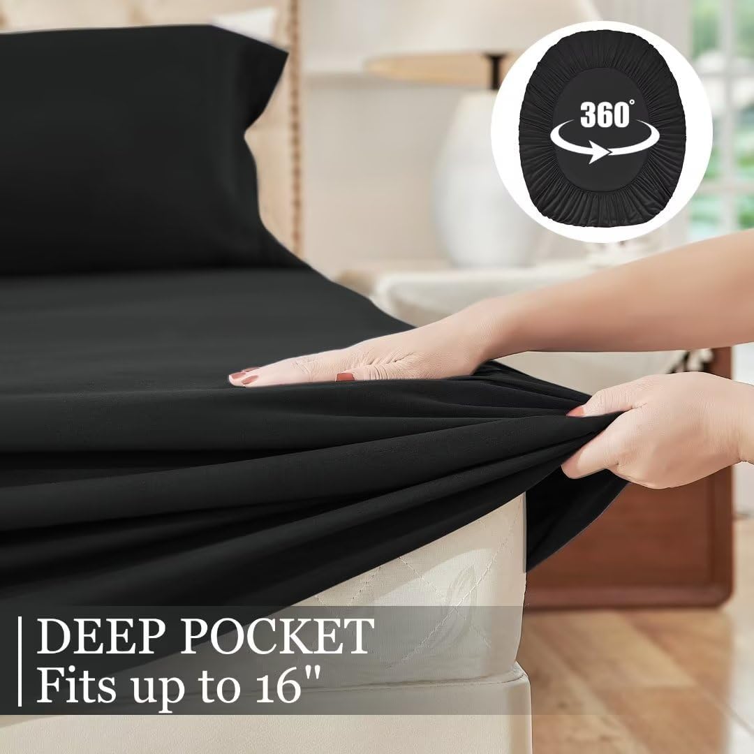 Juego de sábanas negras de tamaño matrimonial, juego de sábanas bajeras y fundas de almohada de bolsillo profundo, 4 piezas de microfibra de