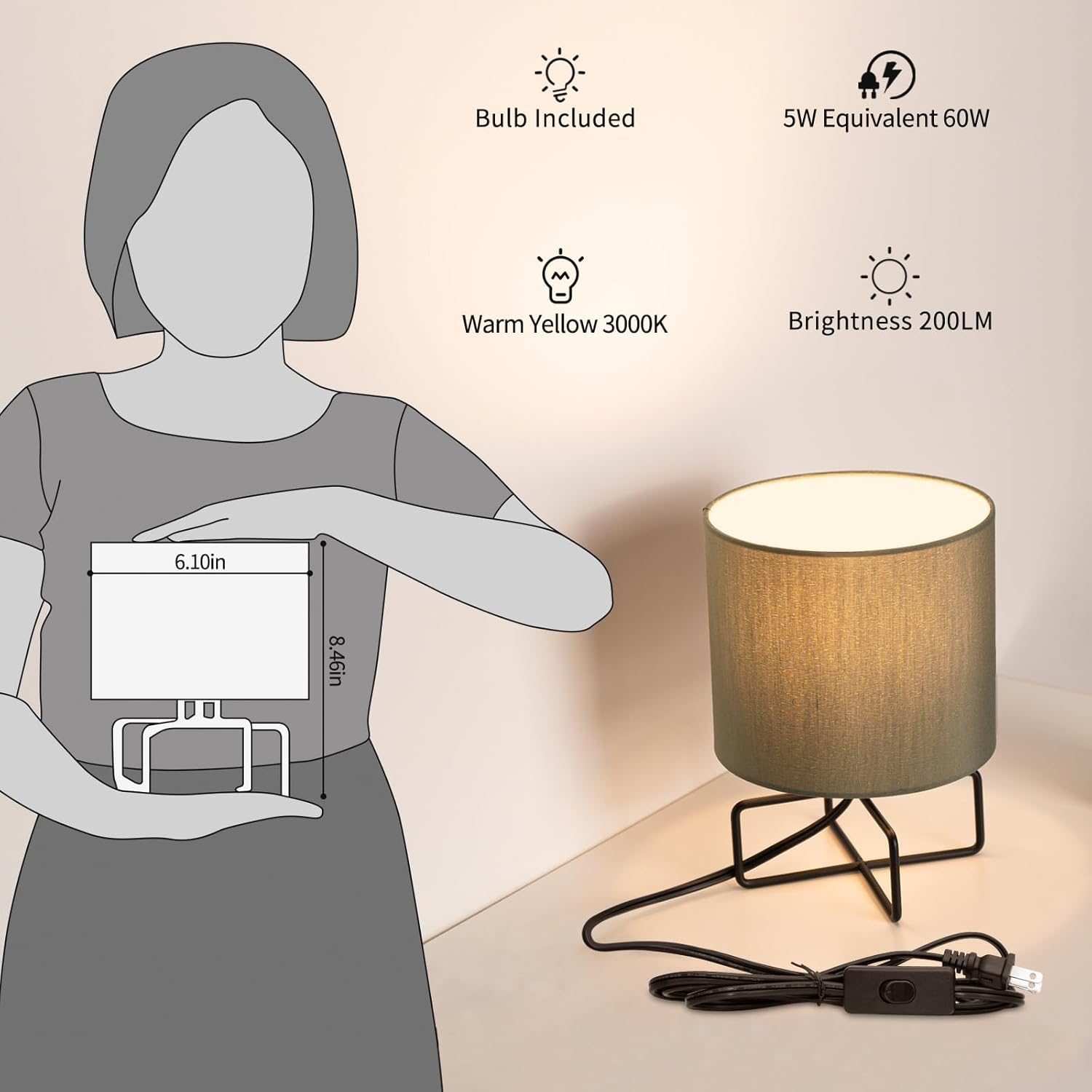 Lámpara de mesa pequeña, lámpara de noche con base de metal, lámpara de escritorio para dormitorio, sala de estar, oficina en casa, bombilla LED de
