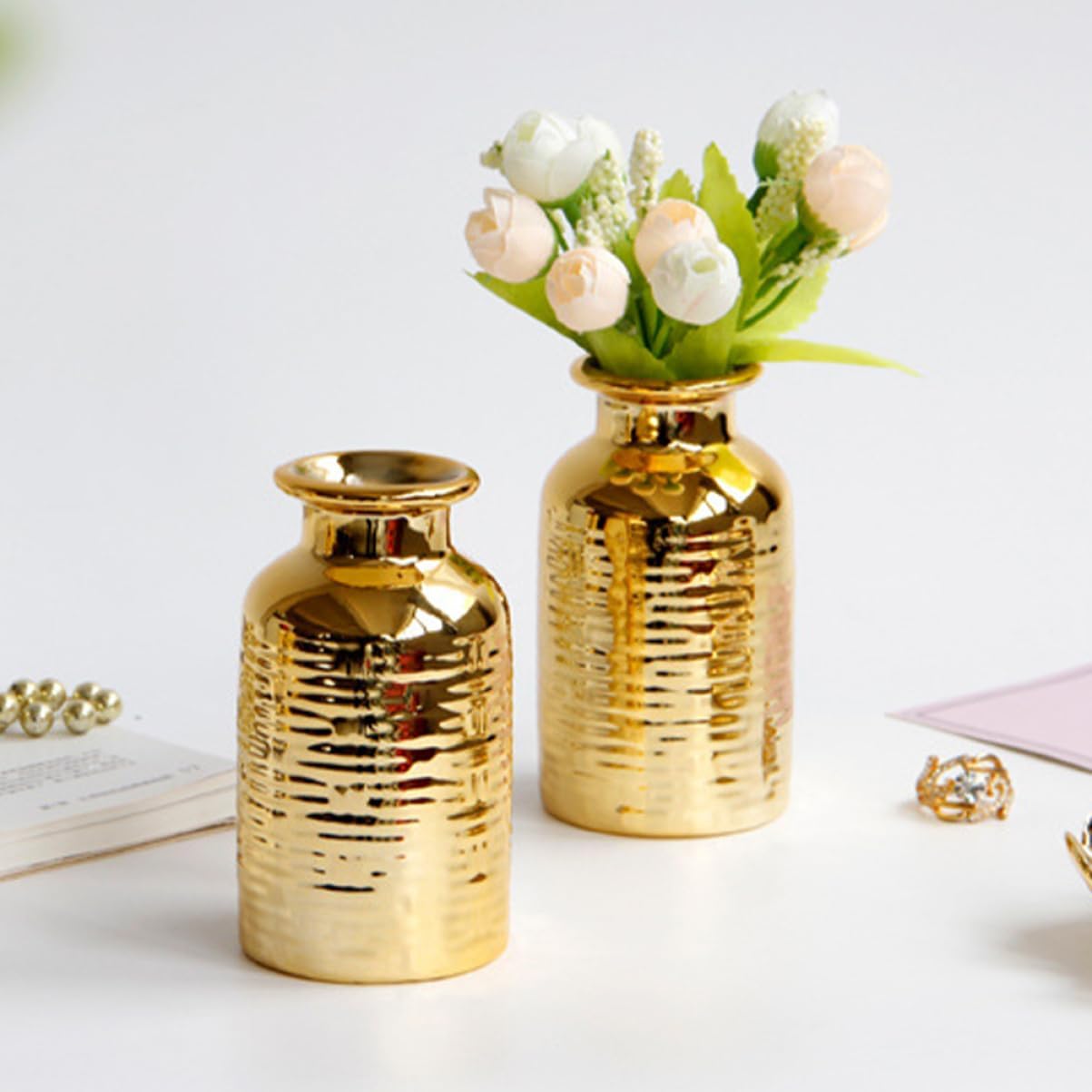 NOLITOY Jarrón pequeño chapado en oro, 10 piezas, jarrón de flores geométricas secas, florero de cristal dorado, jarrón de vidrio dorado, jarrones