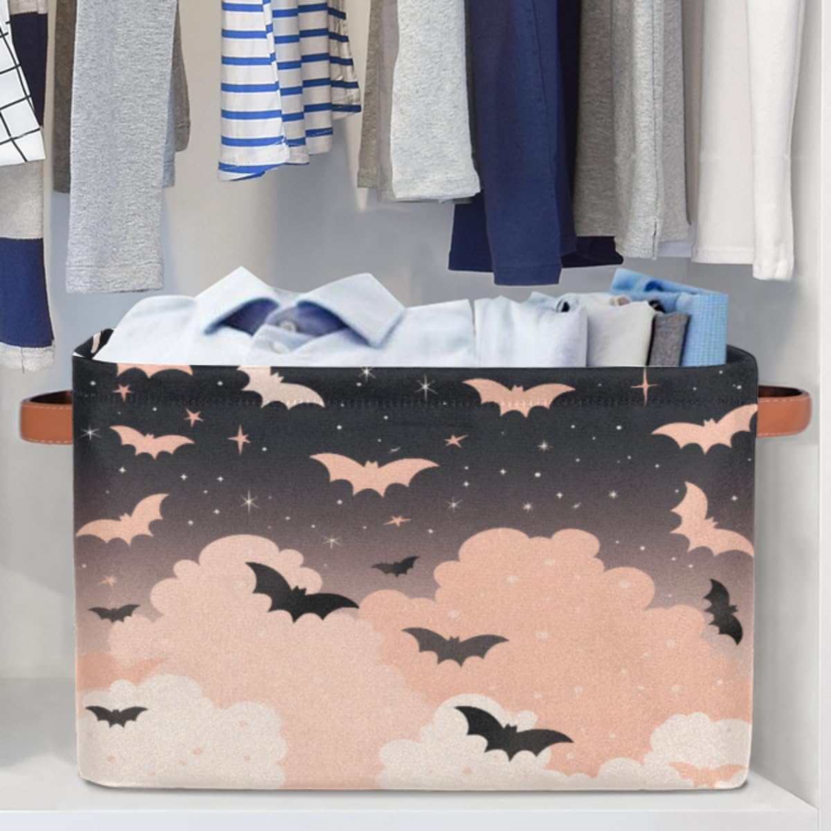 OMFUNS Bonita cesta de almacenamiento de murciélagos, plegable con asa de tela, caja de almacenamiento rectangular para armario, estantería, hogar,