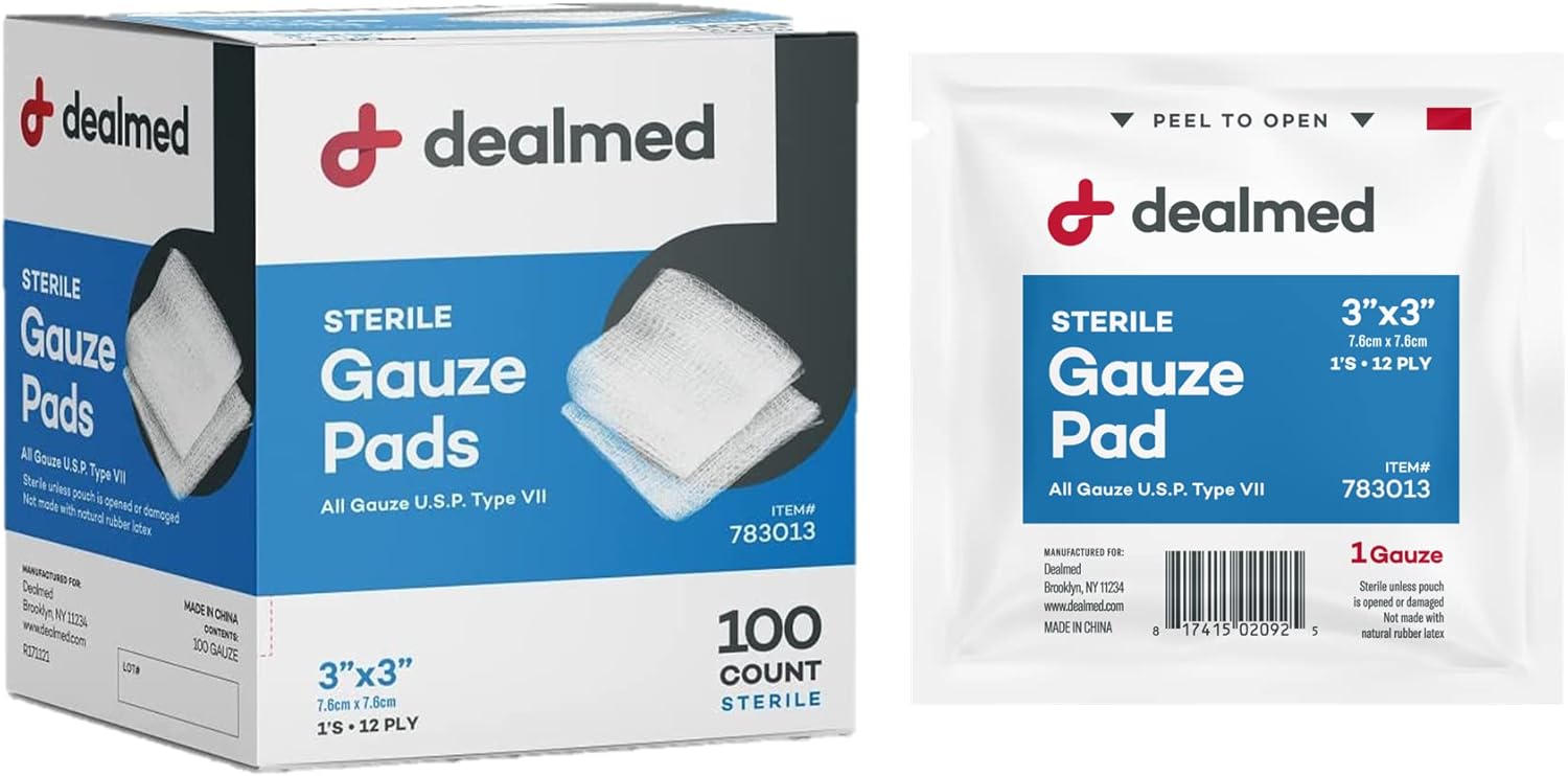 Dealmed Almohadillas de gasa estériles  100 unidades, almohadillas de gasa de 3 x 3 pulgadas, almohadillas de gasa médica desechables y envueltas