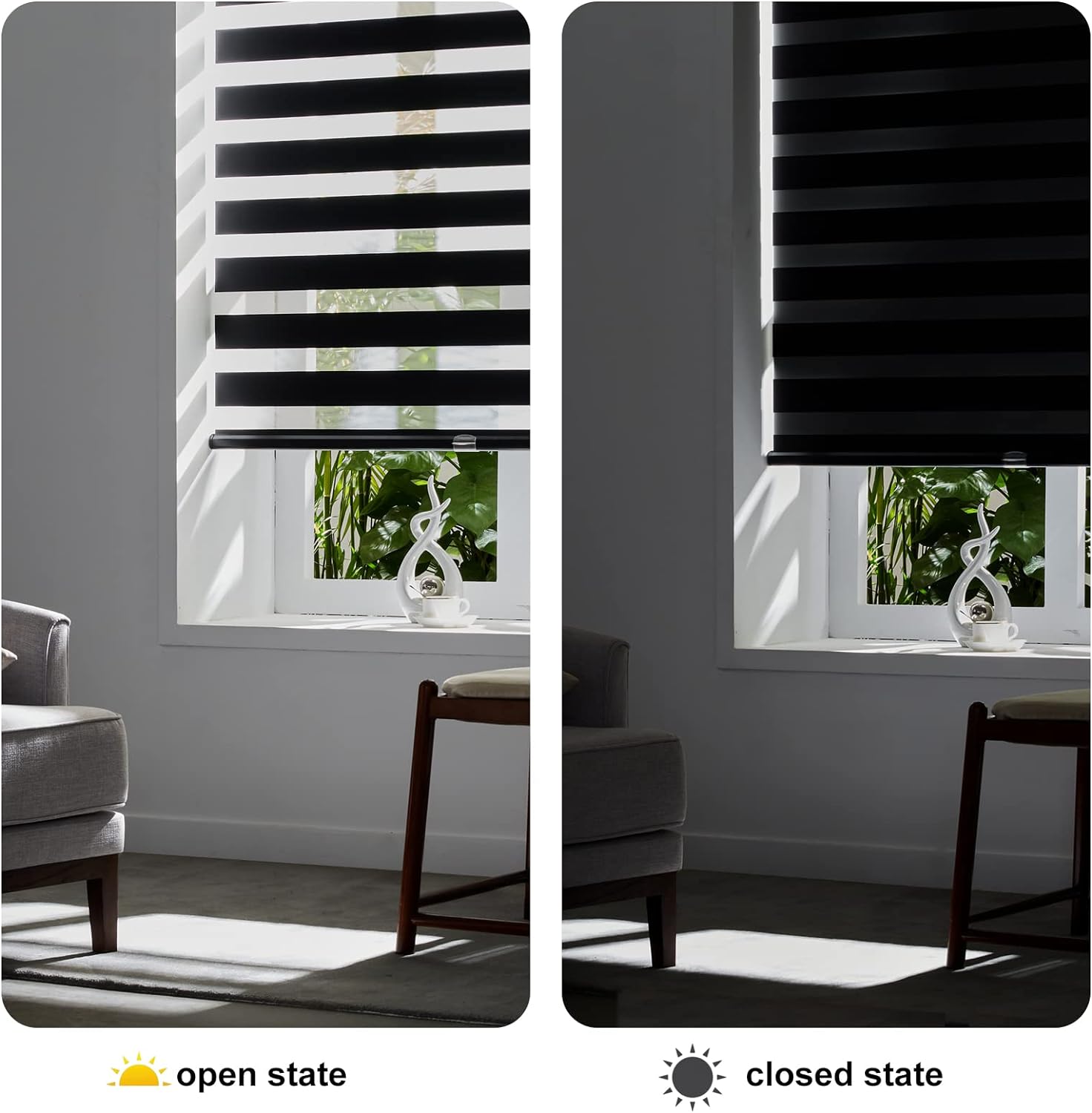 Persilux Persianas estilo cebra sin cordones para ventanas (58 pulgadas de ancho x 72 pulgadas de alto, negro) enrollables, de doble capa con
