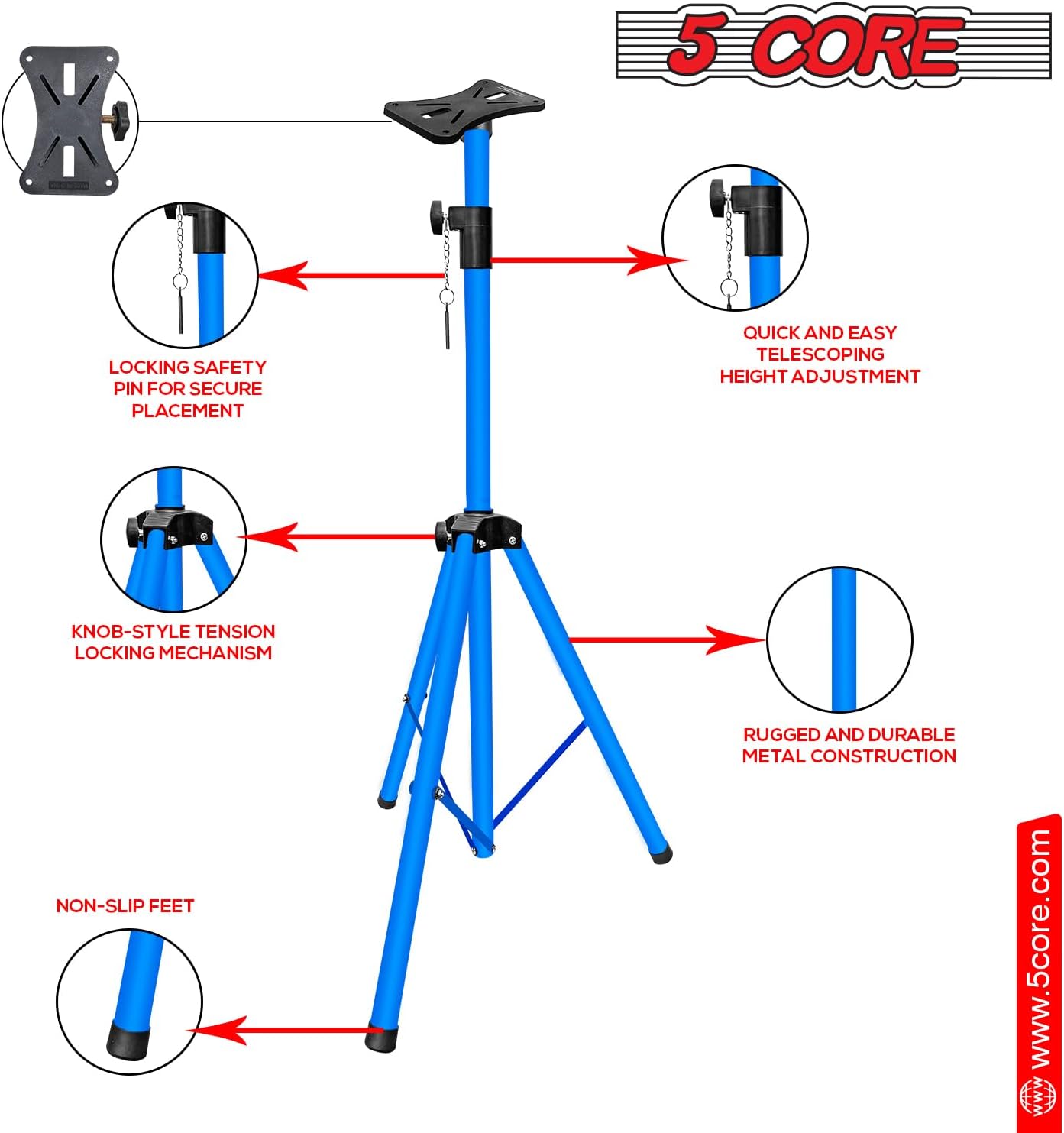 5 Core Soportes para altavoces, color azul cielo, resistente, altura ajustable, de 40 a 72 pulgadas, trípode PA para altavoces grandes, soporte de