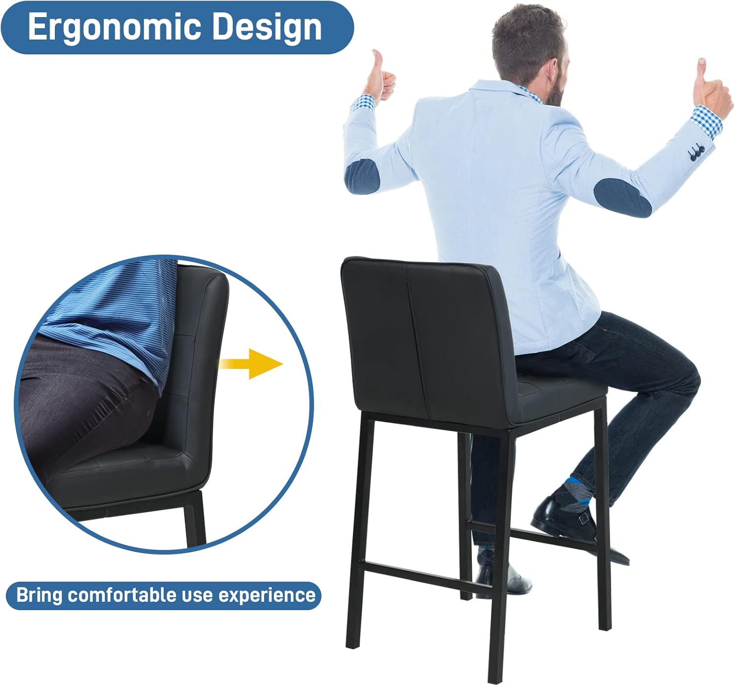 E&D FURNITURE Taburetes de bar de 26 pulgadas con respaldo, patas de metal, cuero sintético, moderno tapizado, altura de mostrador para encimera de
