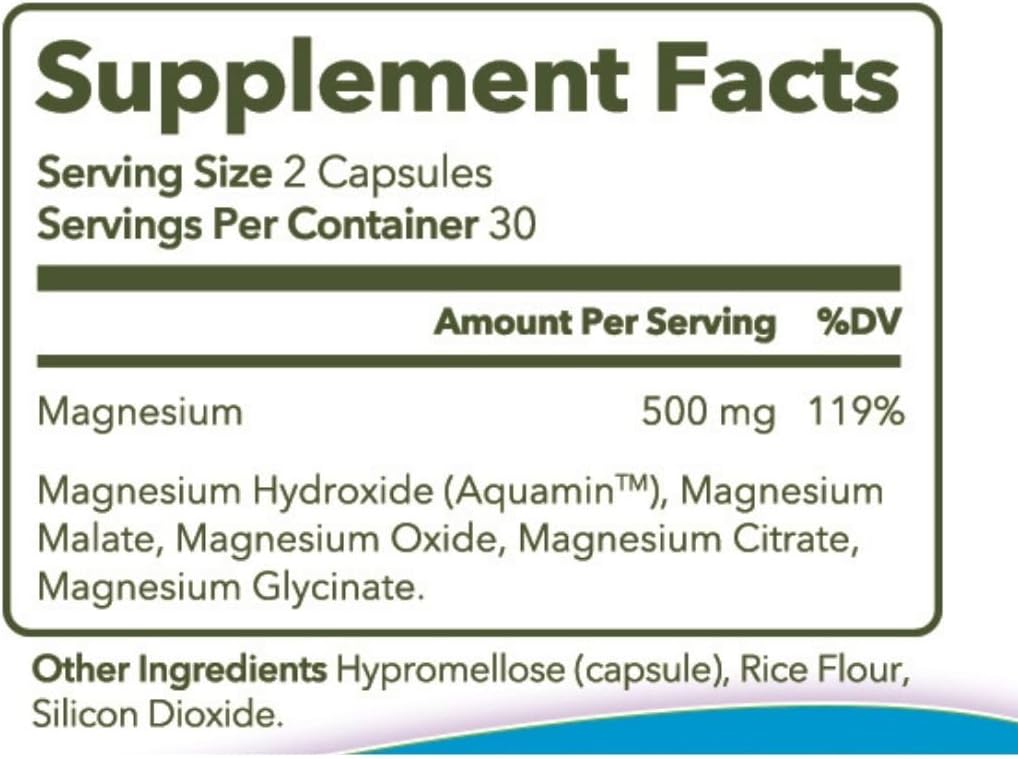 Complejo de magnesio 60 cápsulas energía 4 en 1, estado de ánimo, sueño, apoyo digestivo con aquamina, suave al estómago, fórmula de alta absorción