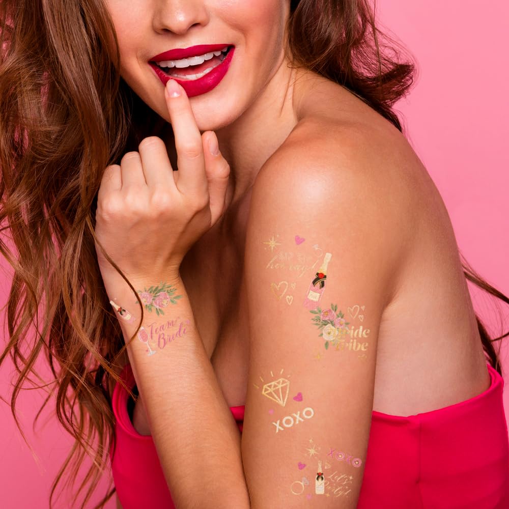 Flash Tattoos Chic BOUGIE BACHELORETTE tatuajes temporales  2 mini hojas con más de 60 tatuajes metálicos surtidos  Despedida de soltera  Regalo de