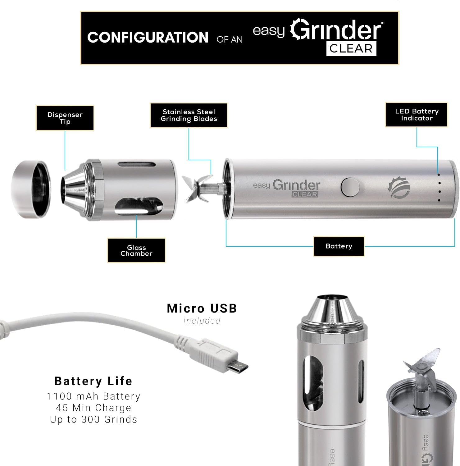 Easy Grinder – Molinillo de café eléctrico de plata de cristal transparente para hierbas, hojas de acero inoxidable