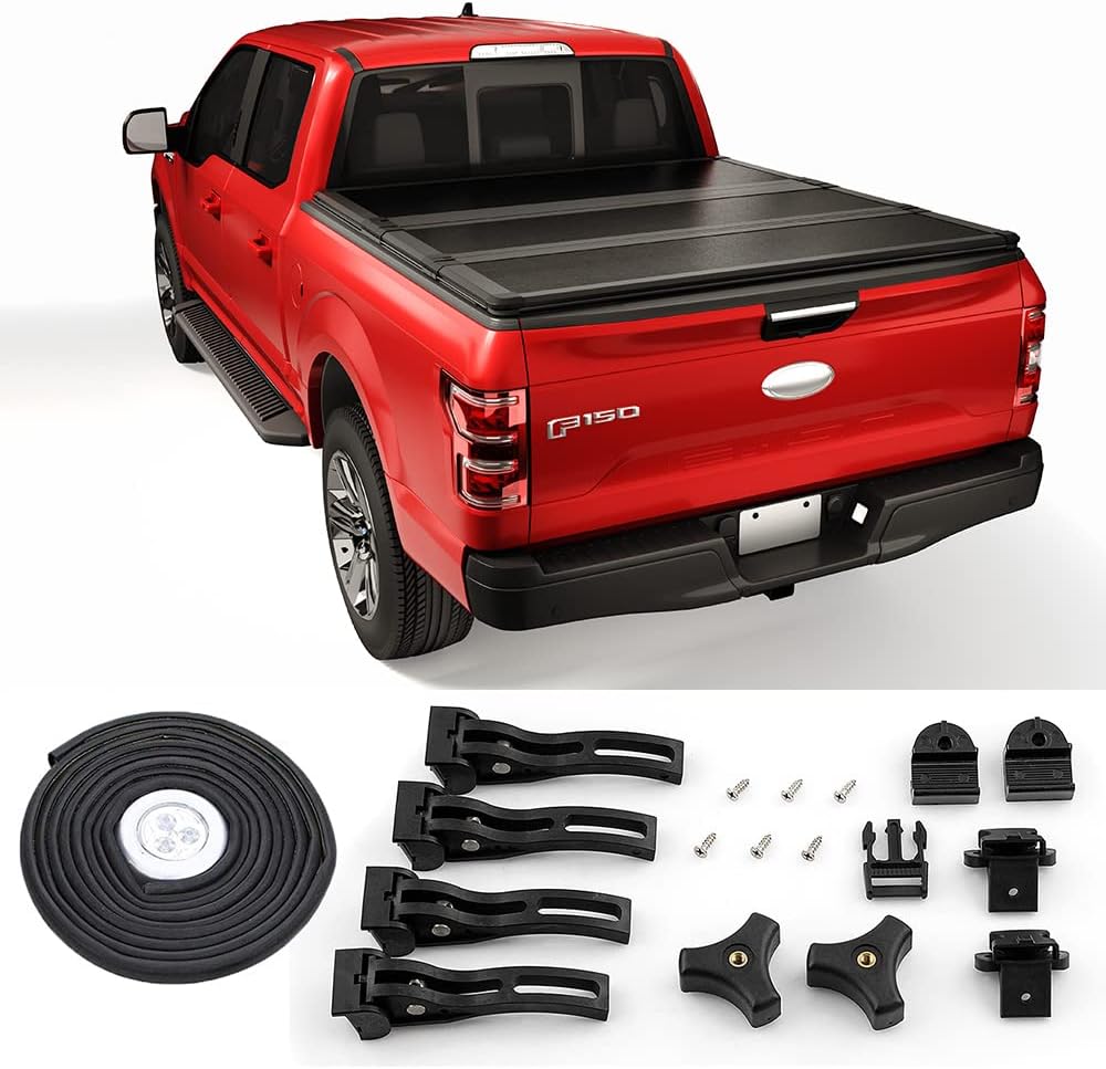 CARMOCAR Cubierta rígida de tres pliegues para camioneta Toyota Tacoma de 5 pies, color negro, con luz LED