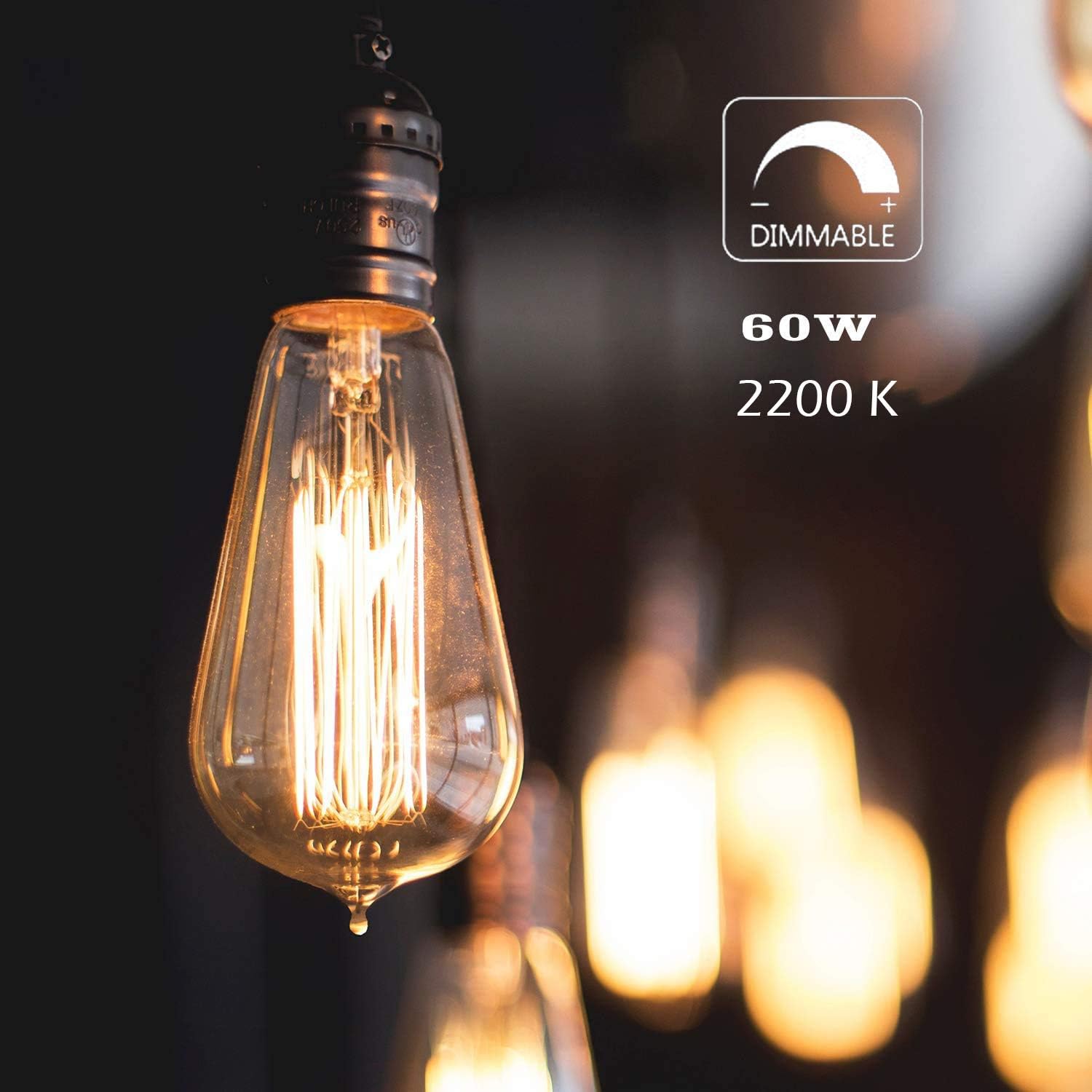 Jslinter Paquete de 6 bombillas Edison, luz incandescente blanca cálida de 2200 K, luz incandescente antigua de 60 W, regulable ST58, luz de estilo