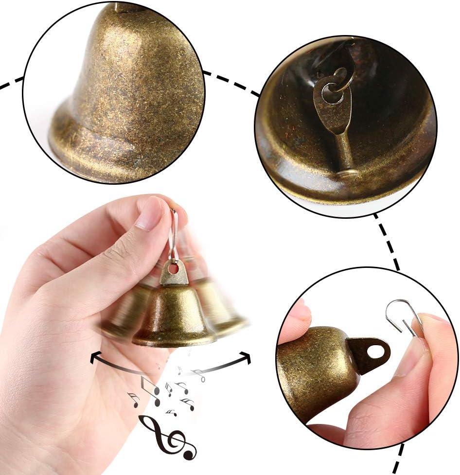 BigOtters Campanas de manualidades, 16 cascabeles de bronce vintage (1.7 x 1.5 pulgadas) con ganchos de resorte para colgar para campanillas de